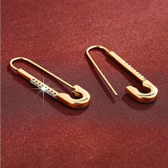 Gold Plated Zircon Safety Pin Earrings, Minimalist, Punk, Gift For Teenager - Picture 3 of 9